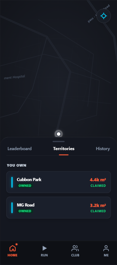 RUNNEX app territory screen for Cubbon Park, Bengaluru